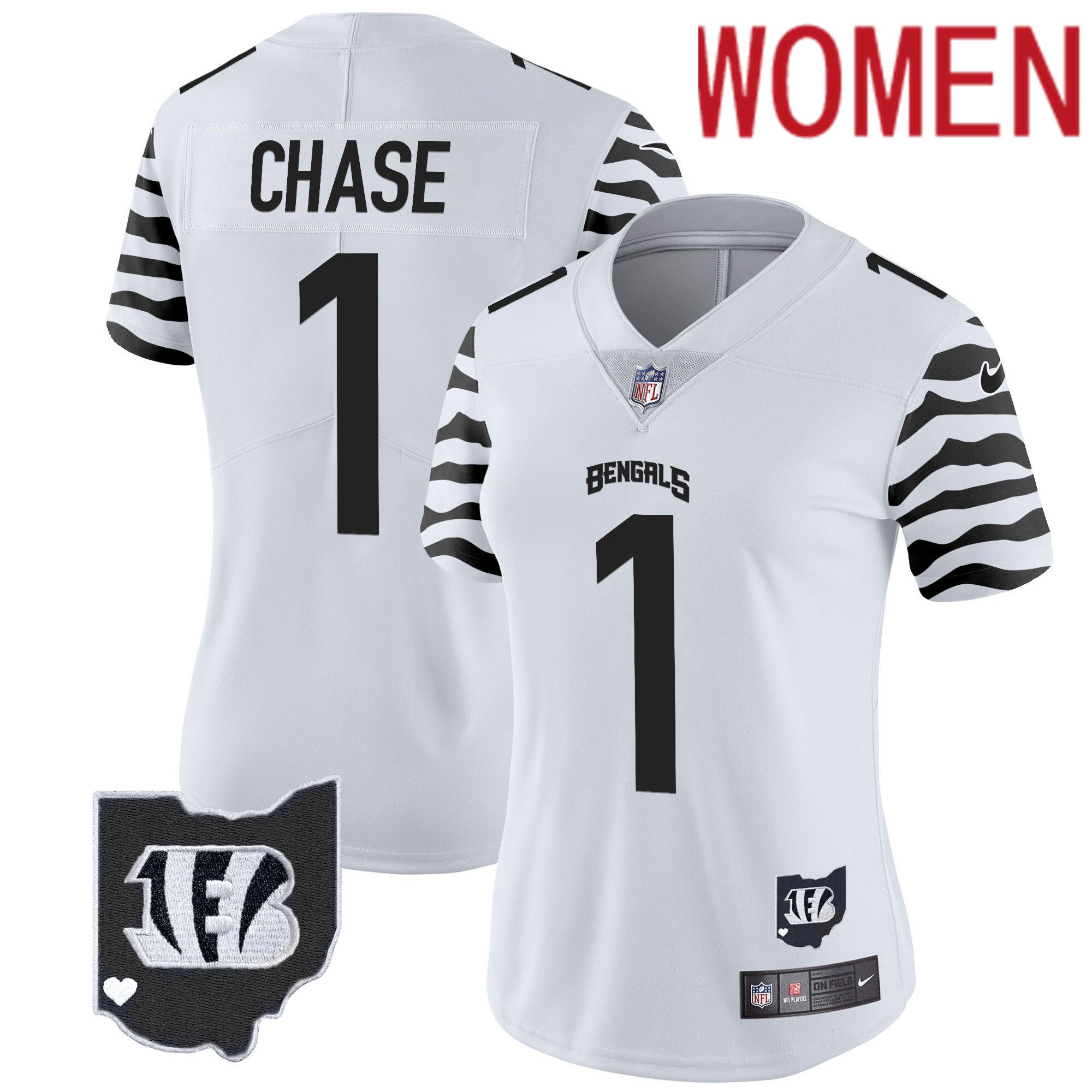 Women Cincinnati Bengals #1 Chase White 2024 Nike Stripes Vapor Limited NFL Jersey